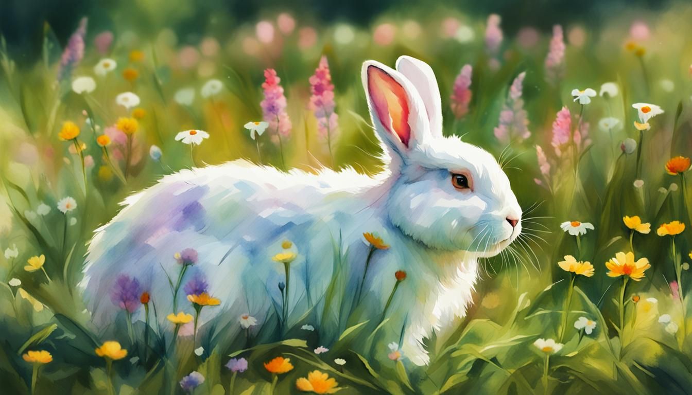 Watercolor Rabbit in Summer Meadow with Wildflowers