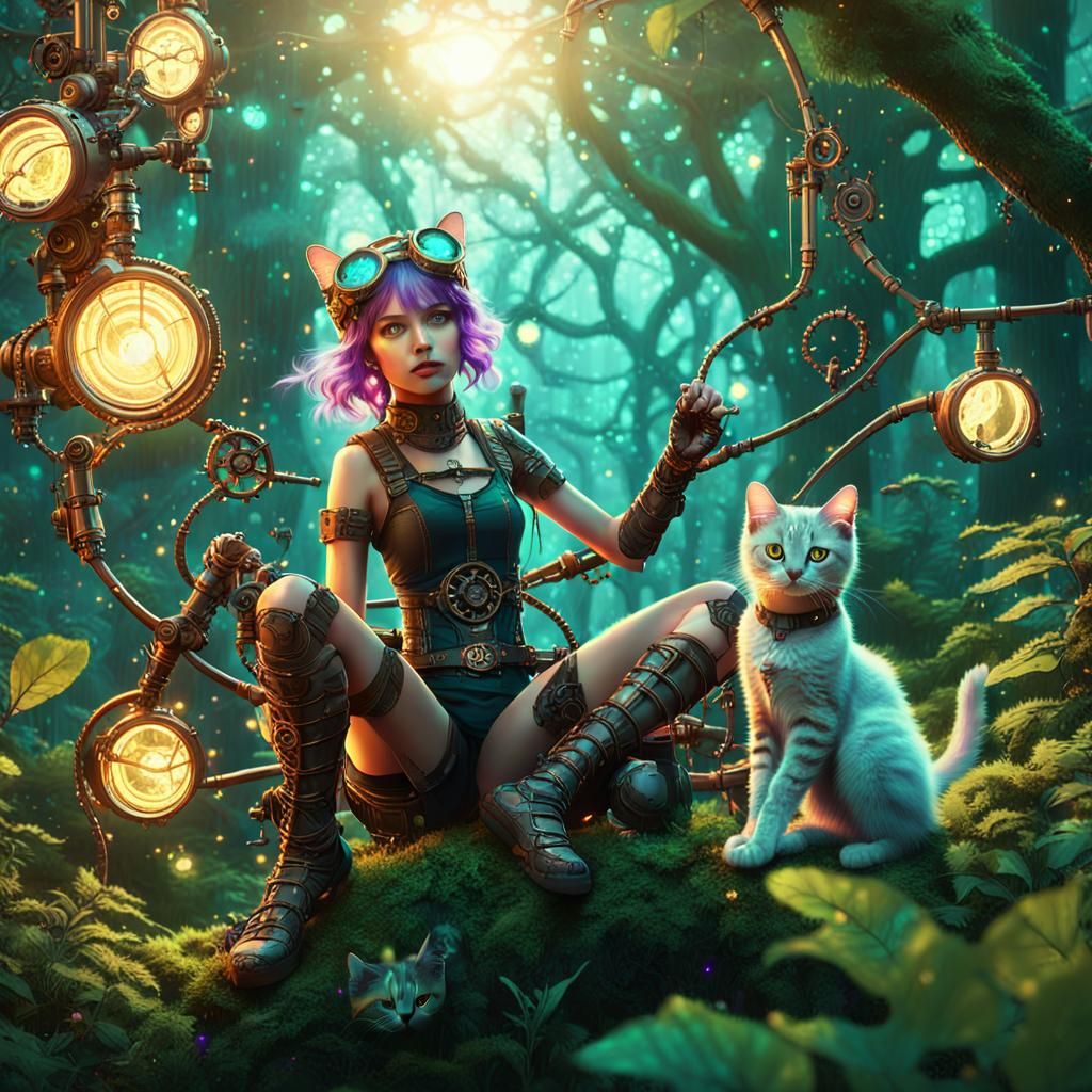 Luminous Fairy Creates Kittens in Steampunk Forest