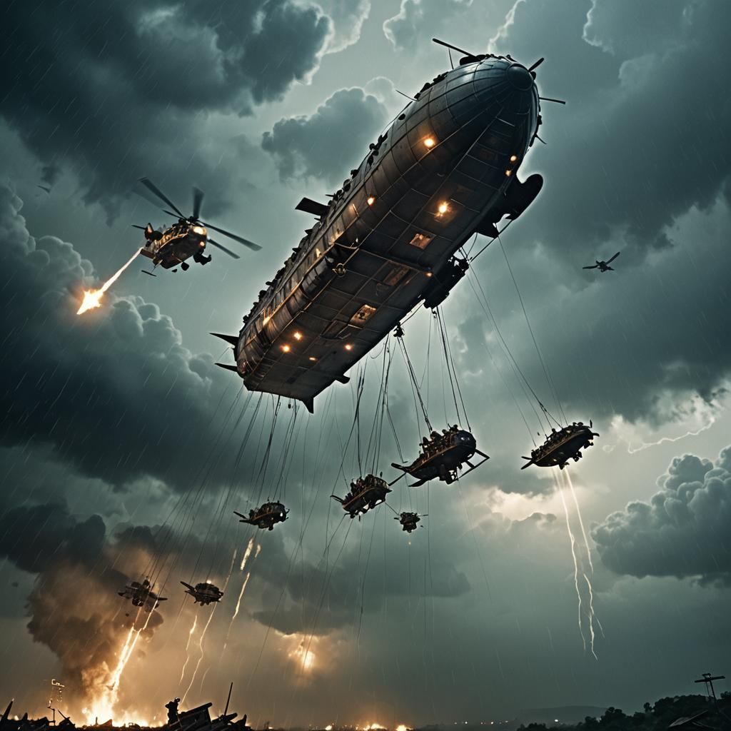 Dramatic Sky Pirate Raid on Stormy Night