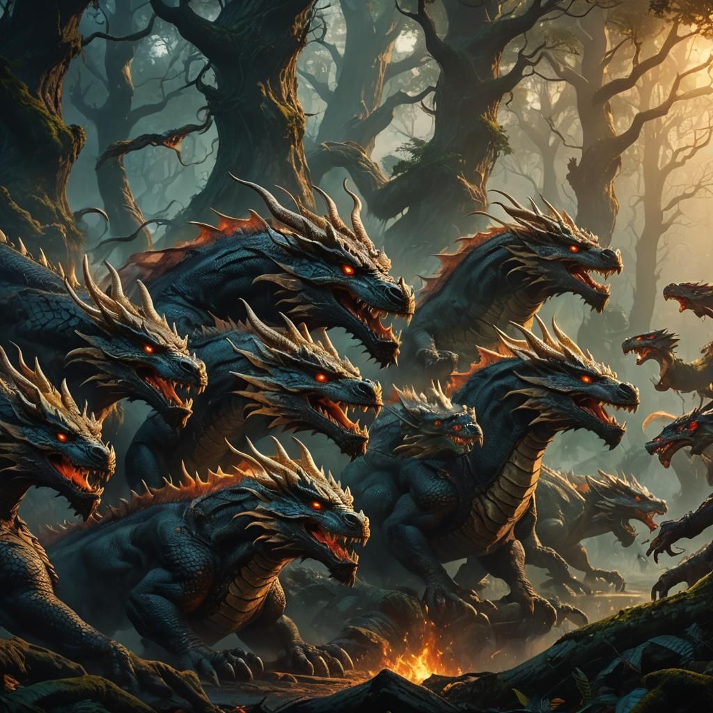 Epic Ten-Headed Dragon Roaring in Mystical Forest