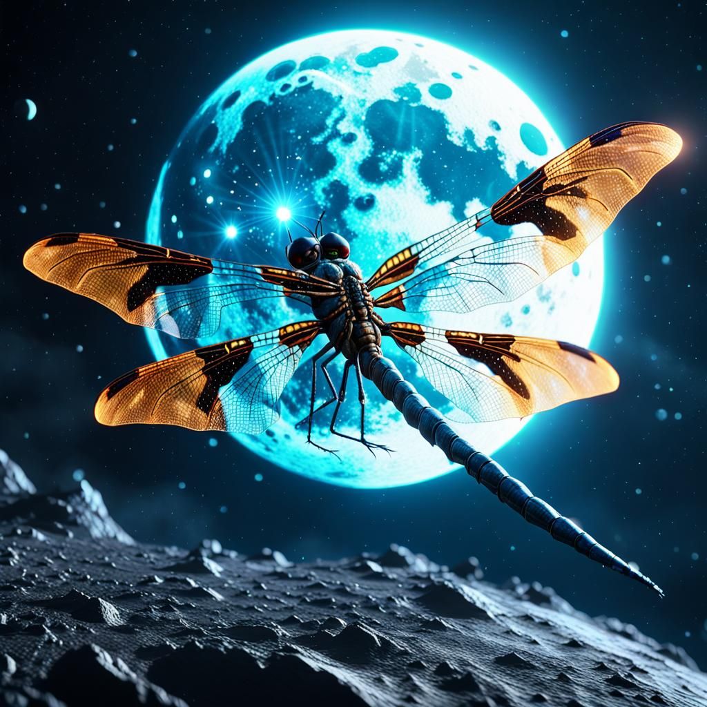 Neon Dragonfly Soaring by Moon: 3D Game Graphics