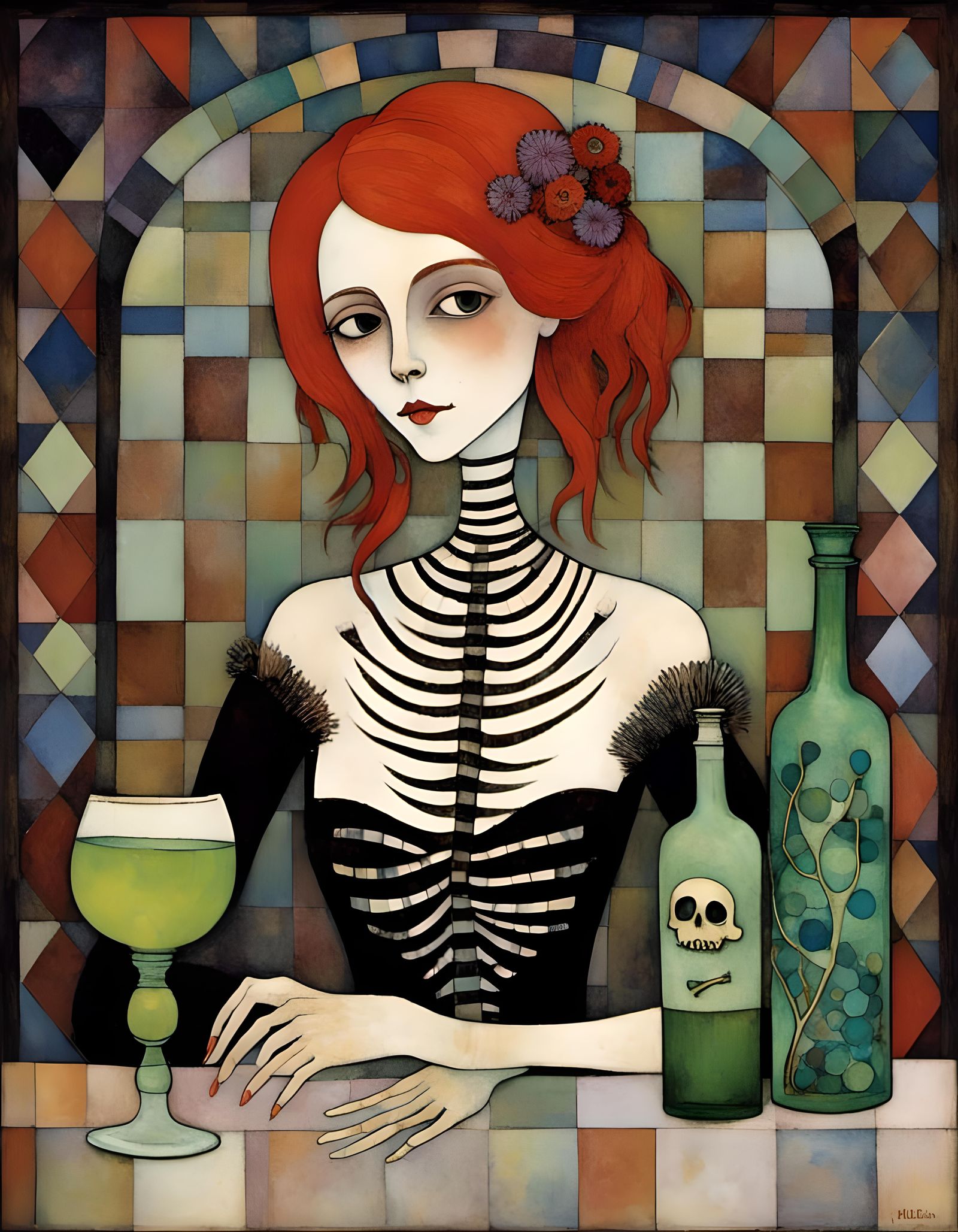 Gothic Girl with Absinthe in Gothic Art Style