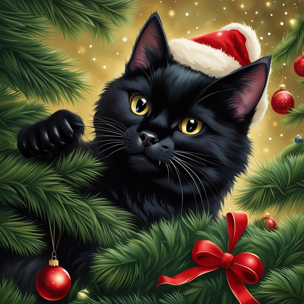 Black Cat Mischief: Climbing a Christmas Tree