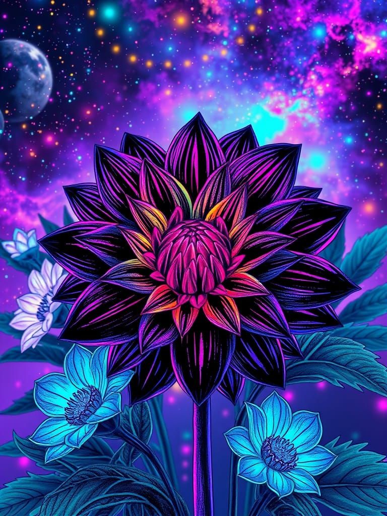 Ethereal Dahlia Blooms in Cosmic Neon Hues