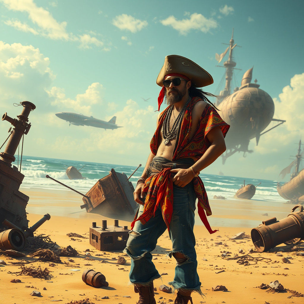Post-Apocalyptic Pirate on Ruined Beachscape