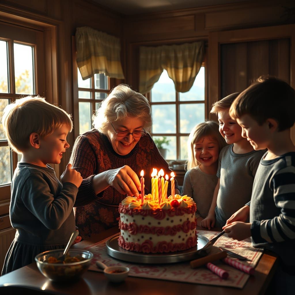 Warm Grandmother Decorating Birthday Cake in Cozy Kitchen