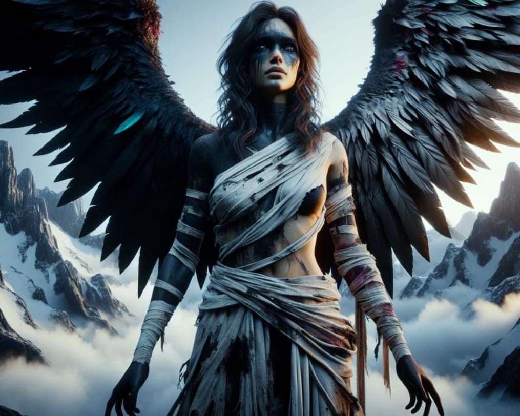 Fallen Angel Portrait with Black Wings in High Fantasy Style