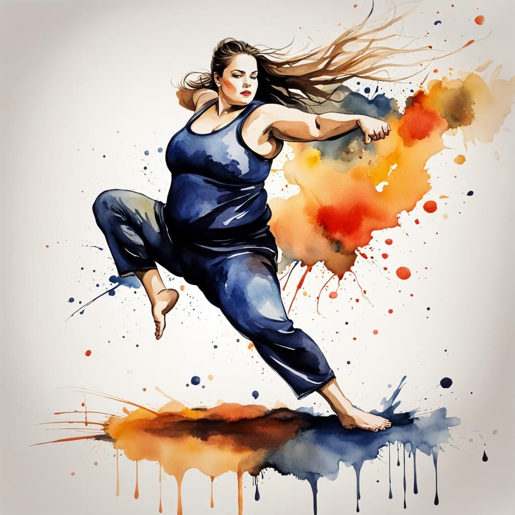 Woman Doing Roundhouse Kick: Watercolor Ink Art