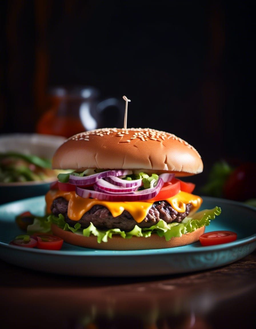 Realistic Hamburger on Mexican Plate, Close-up Photo