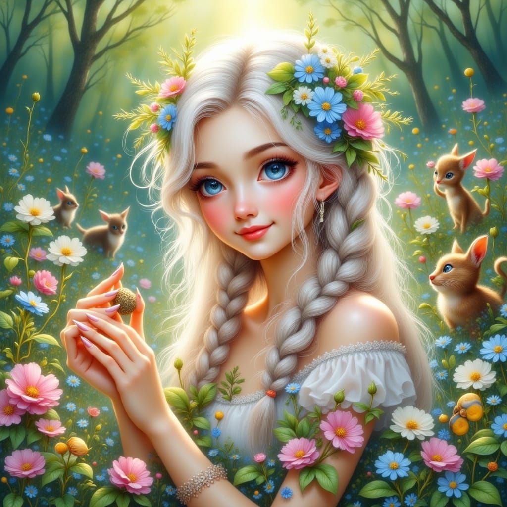 Woman with Braided Hair Surrounded by Forest Animals