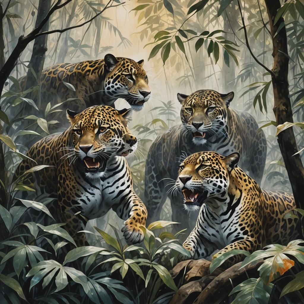Jaguars Clash in Jungle: Gouache Watercolor Masterpiece