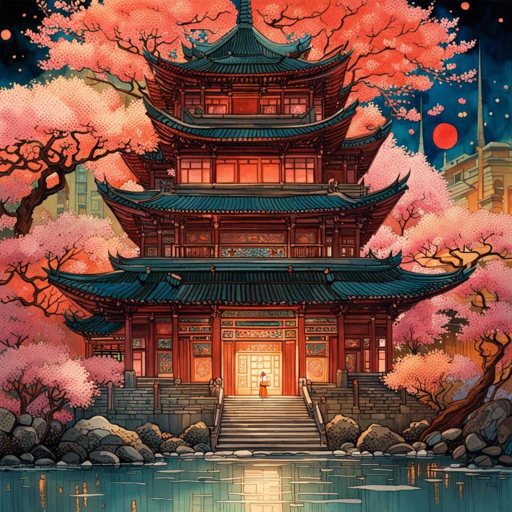 Chinese Temple and Sakura Garden in Manga Style