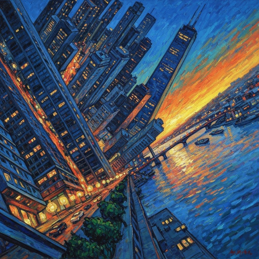 Expressionist Cityscape Painting with Tilted Perspective