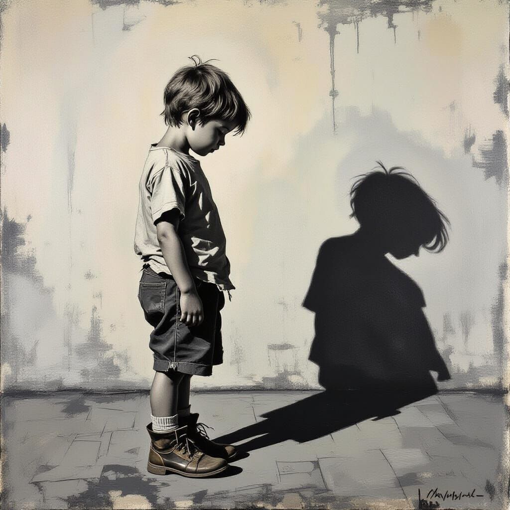 Boy and Shadow: Grayscale Impasto Art