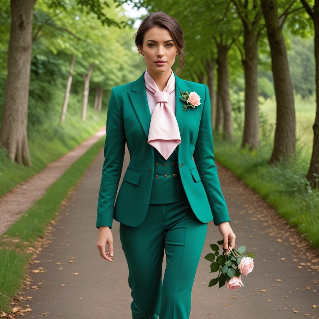 Elegant Woman Runs with Poise in Vibrant Green Ensemble
