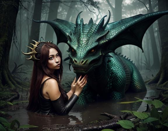 A young woman and dragon helping her out of the mud.