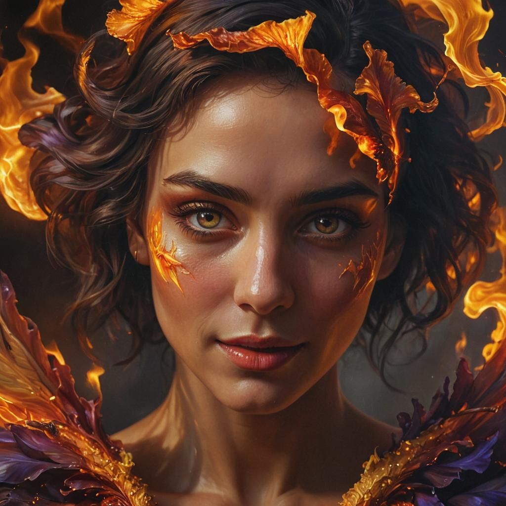 Surreal Portrait: Woman Embracing Fiery Inner Strength