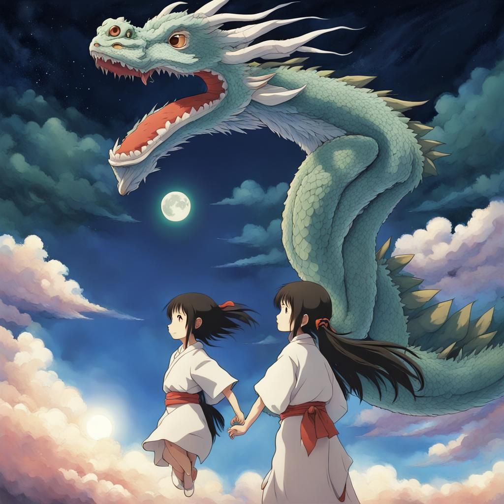 Haku and Chihiro Fly to the Moon in Anime Style