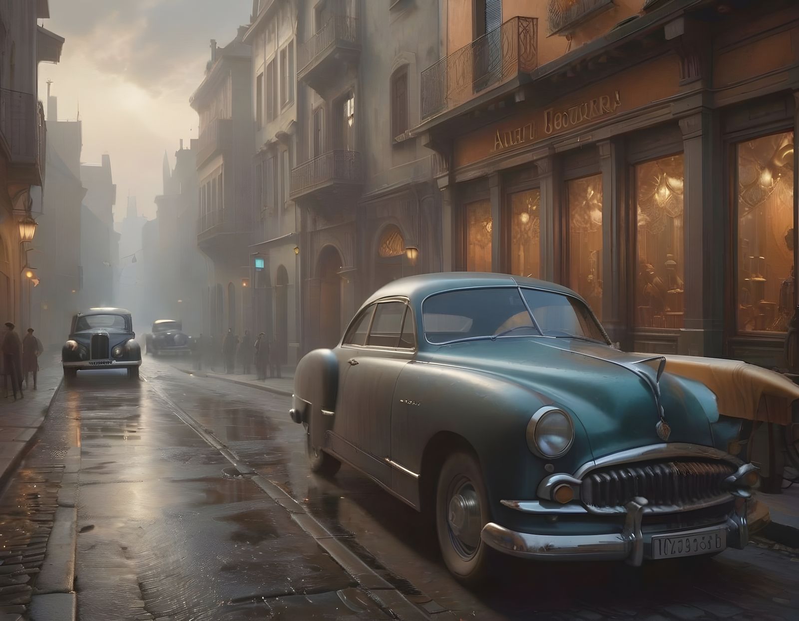 Classic Car on 1950s Street: Digital Matte Painting