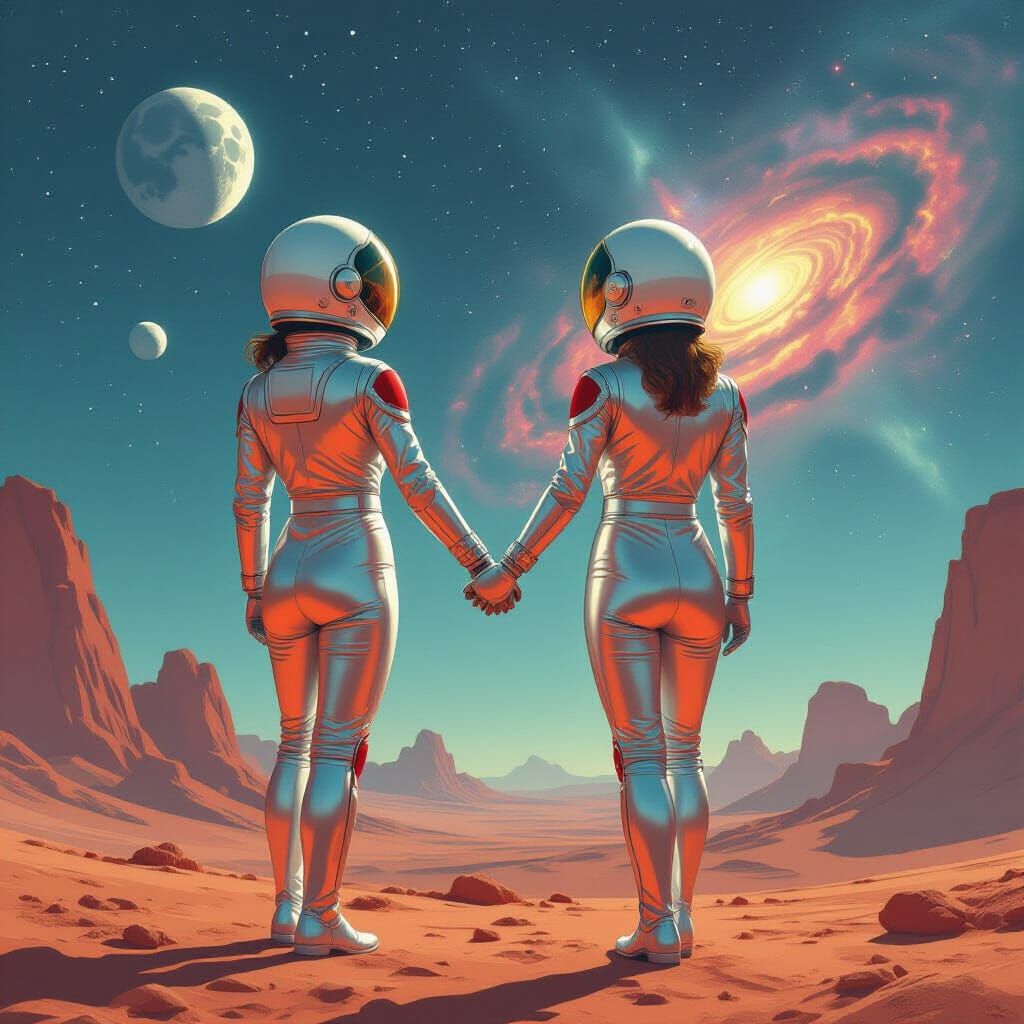 1950s Astronauts Holding Hands Amidst Nebula