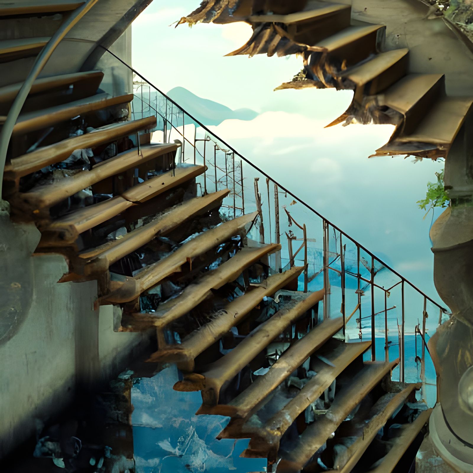 Surreal Stairs with Faces Over Water