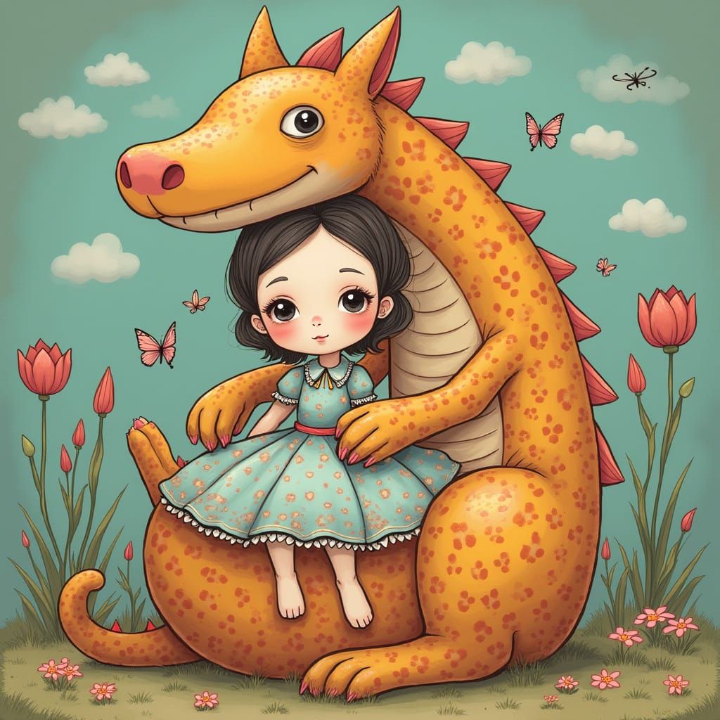 Whimsical Geffe and Dragon in a Curious Cat Realm