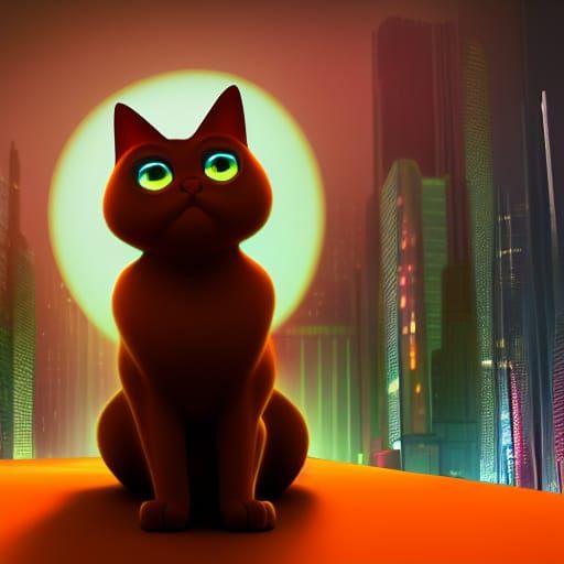 Cat in Night City: 3D Digital Art