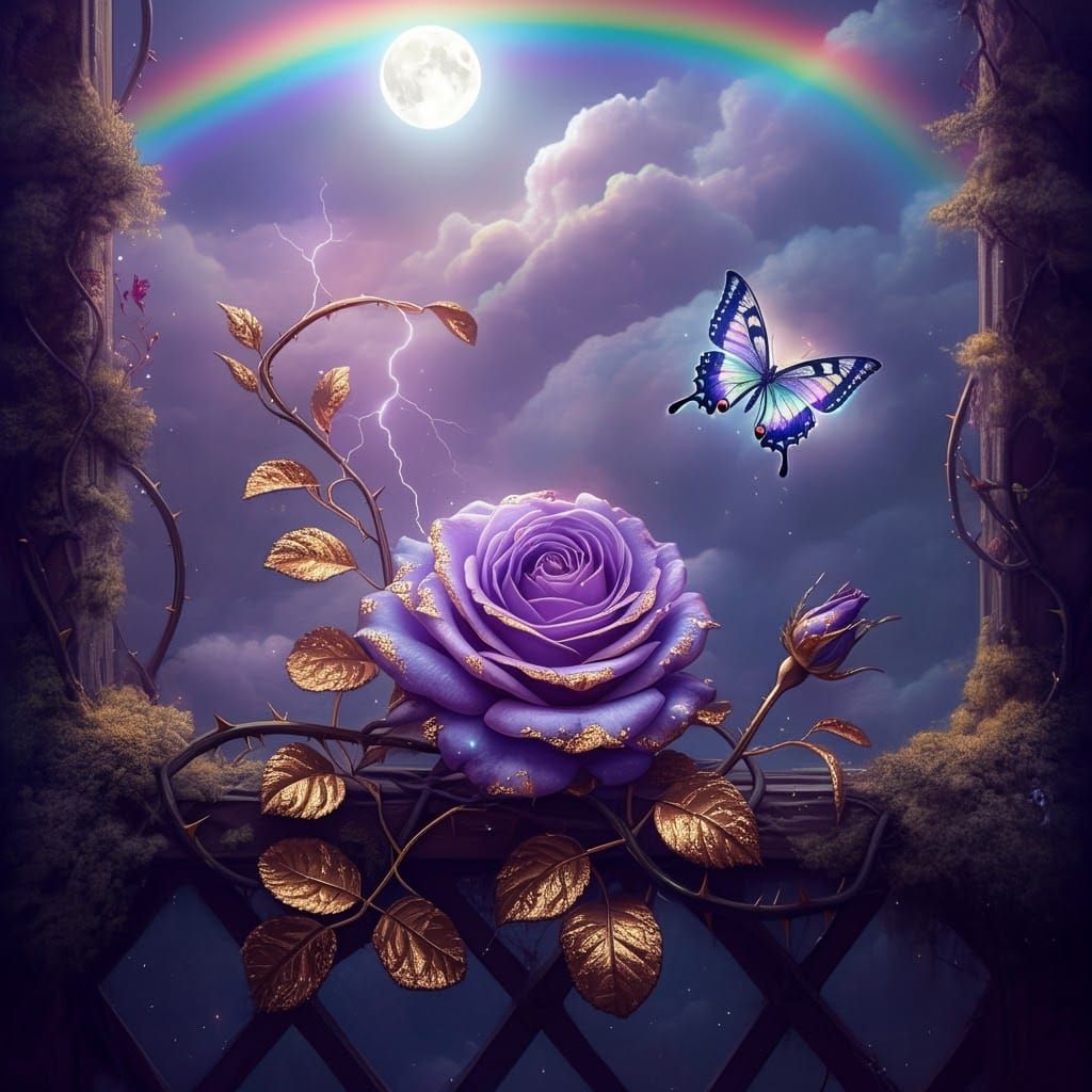 Mystical Purple Rose Vine with Golden Filigree