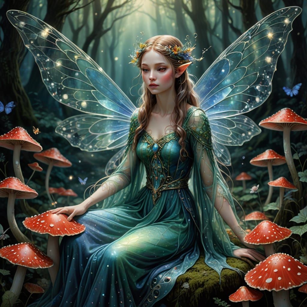 Ethereal Elven Goddess Amidst Fractal Geometry and Whimsical...