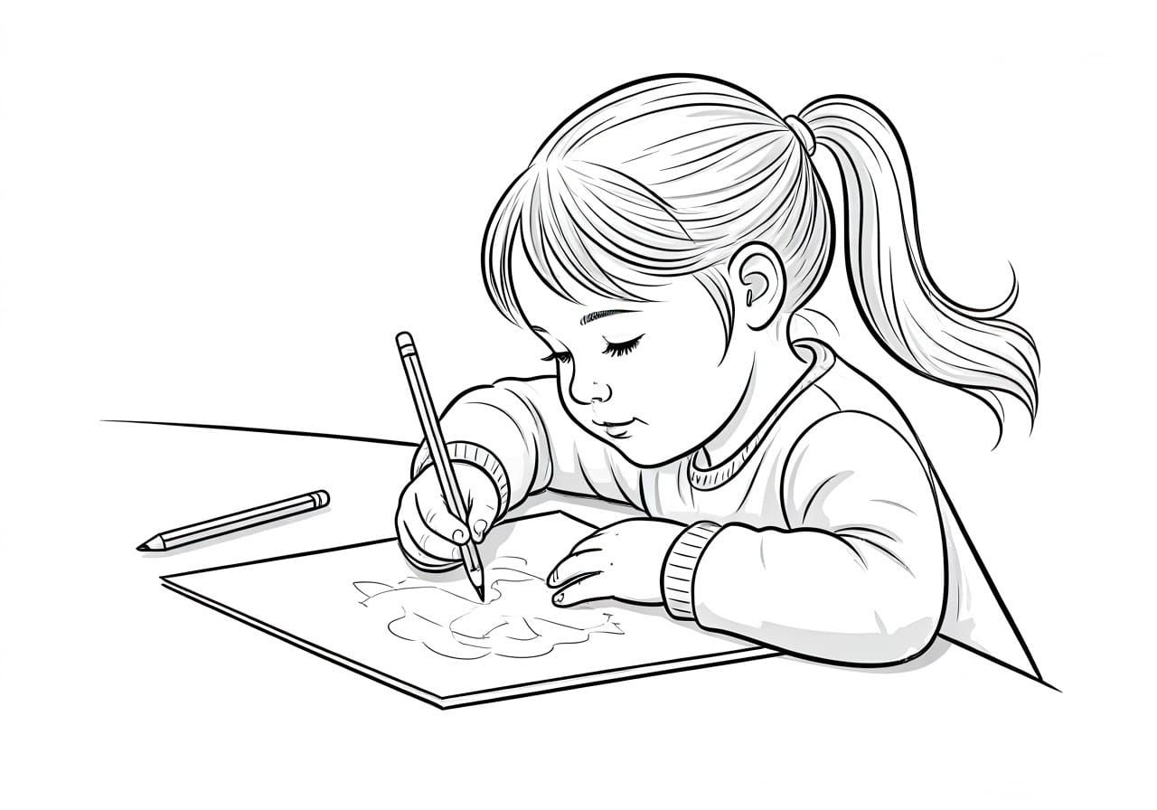 Young Girl Drawing: Black and White Line Art