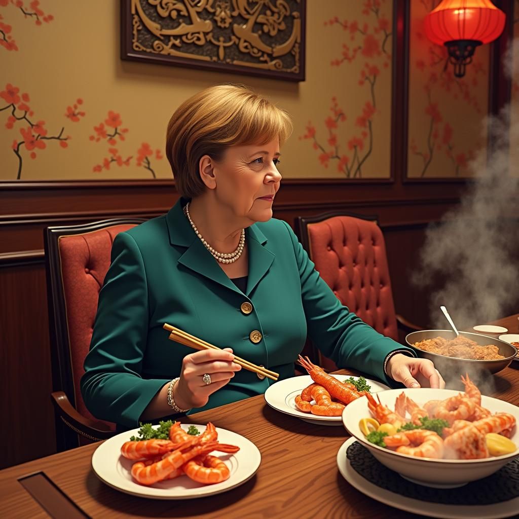 Angela Merkel Learns Chopsticks in Chinese Restaurant