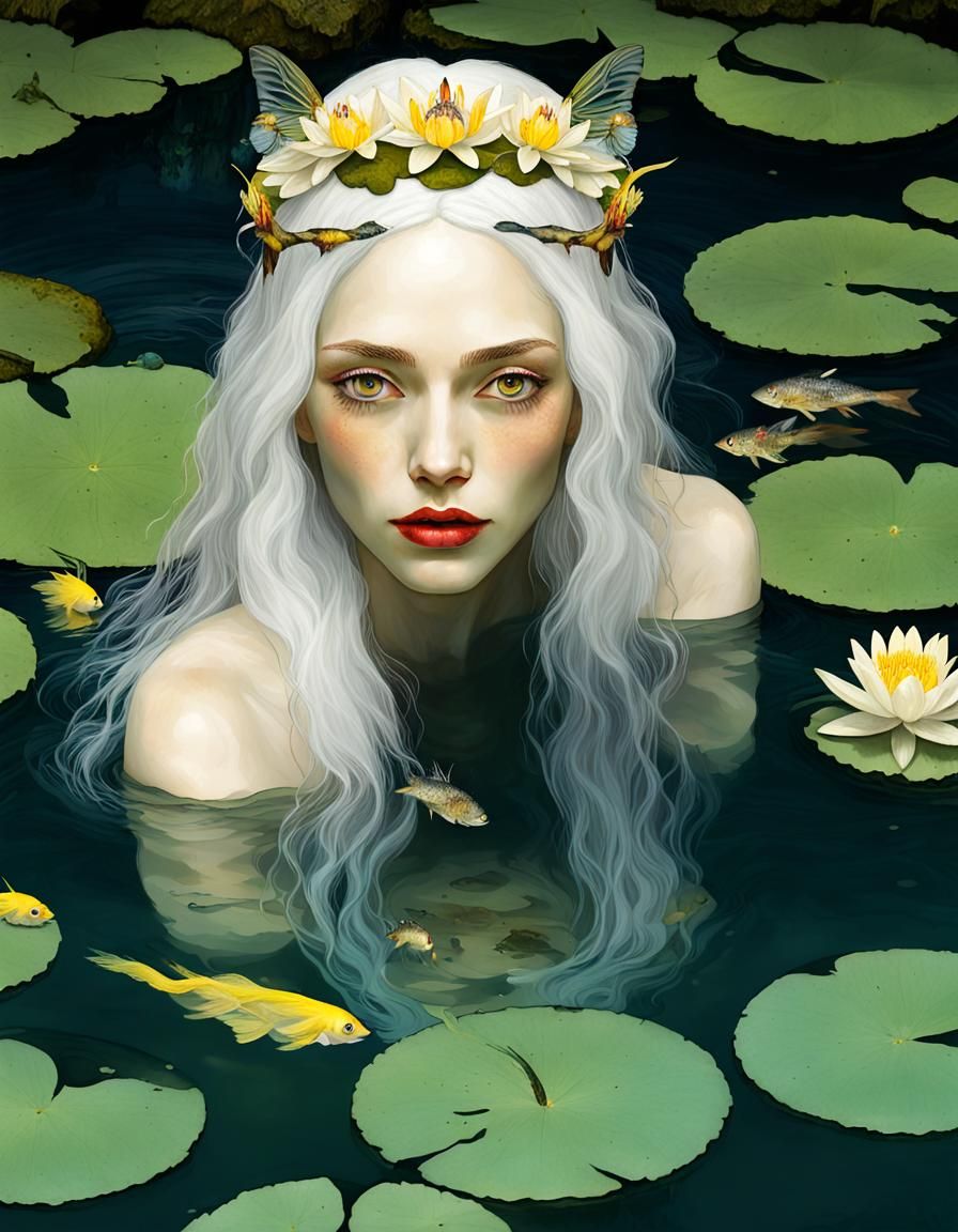 Fairy Bathing in Pond with Water Lilies