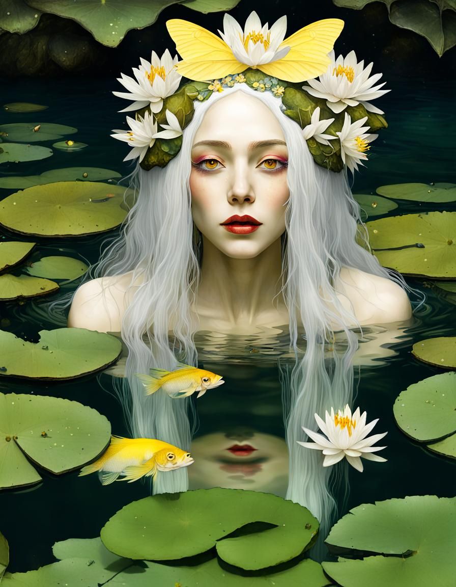 Fairy Bathing in Pond with Water Lilies, Watercolor Art