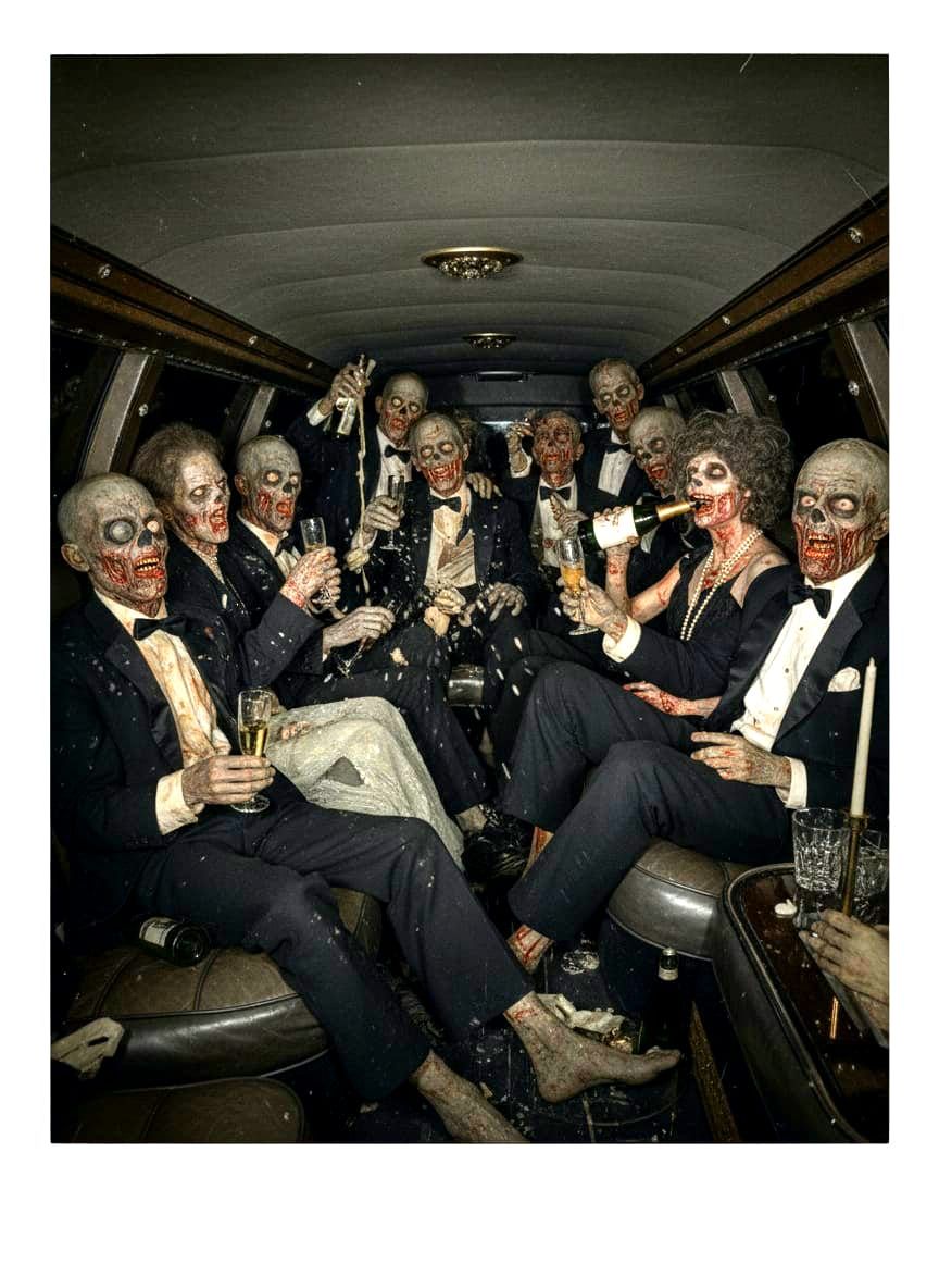 Rowdy Zombies Toast in Limo Candid Polaroid Photo