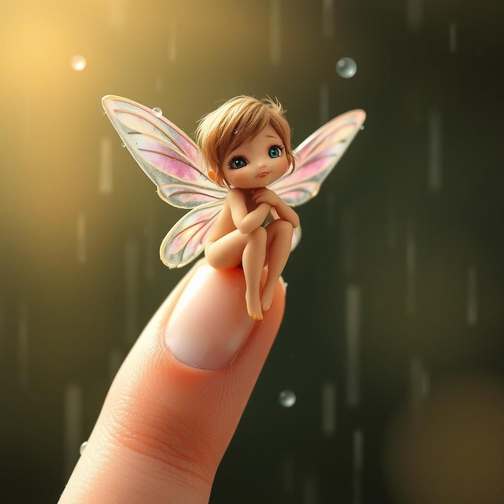 Adorable fairy on a finger in the rain