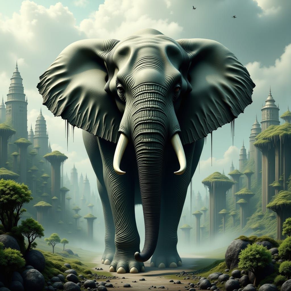 Elephant in Futuristic Waterfall City