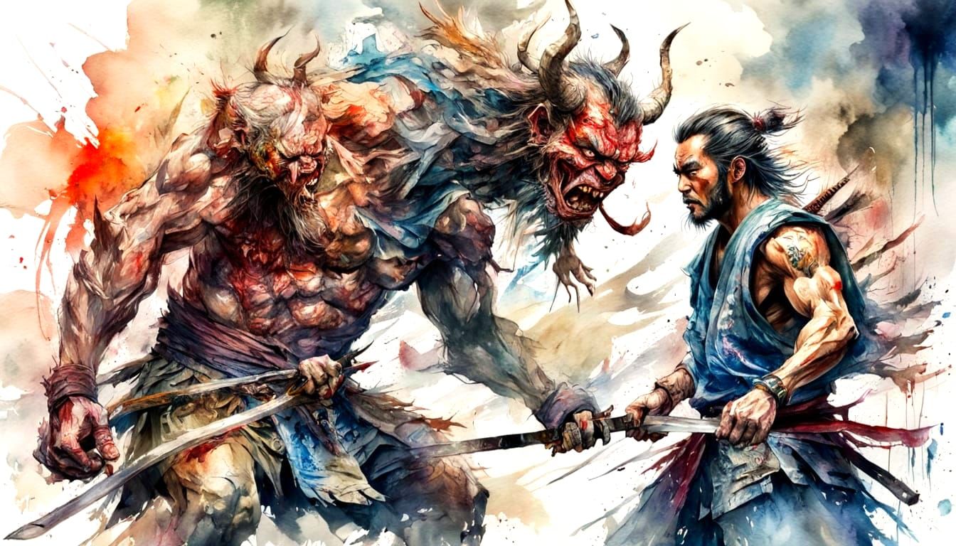 Oni and Samurai Encounter in Watercolour Style