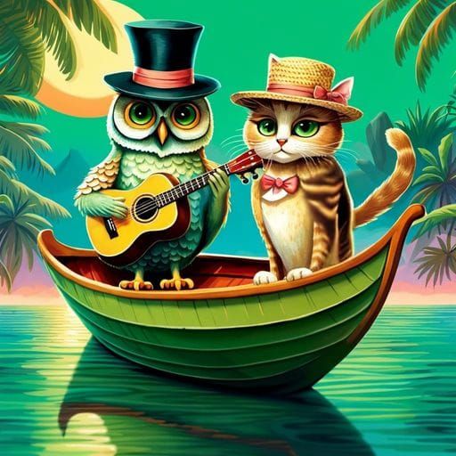 Whimsical Owl and Cat Serenade in Gondola Boat