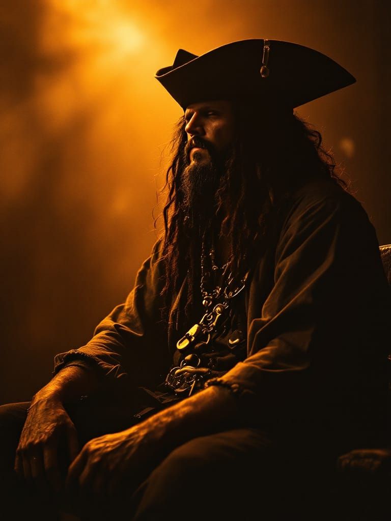 Golden Hour Horror Portrait of Blackbeard in Grainy Style