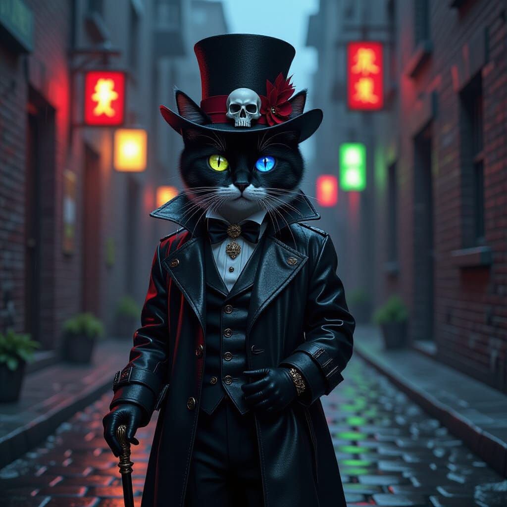 Vampire Cat in Leather, Surreal Dark Fantasy