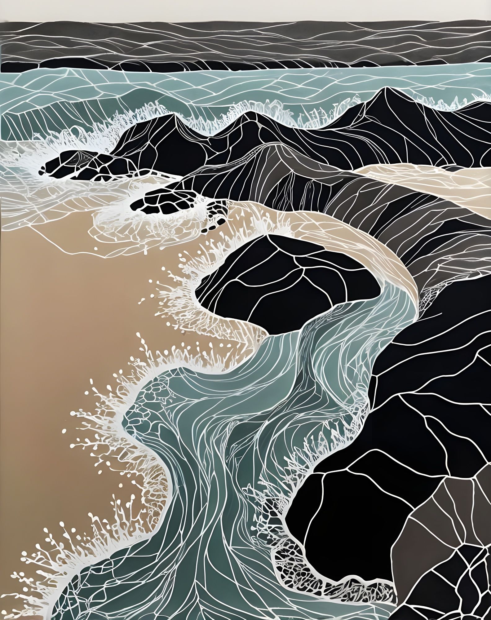 Velvety Embroidered Landscape with Black Sandy Beach and Wav...