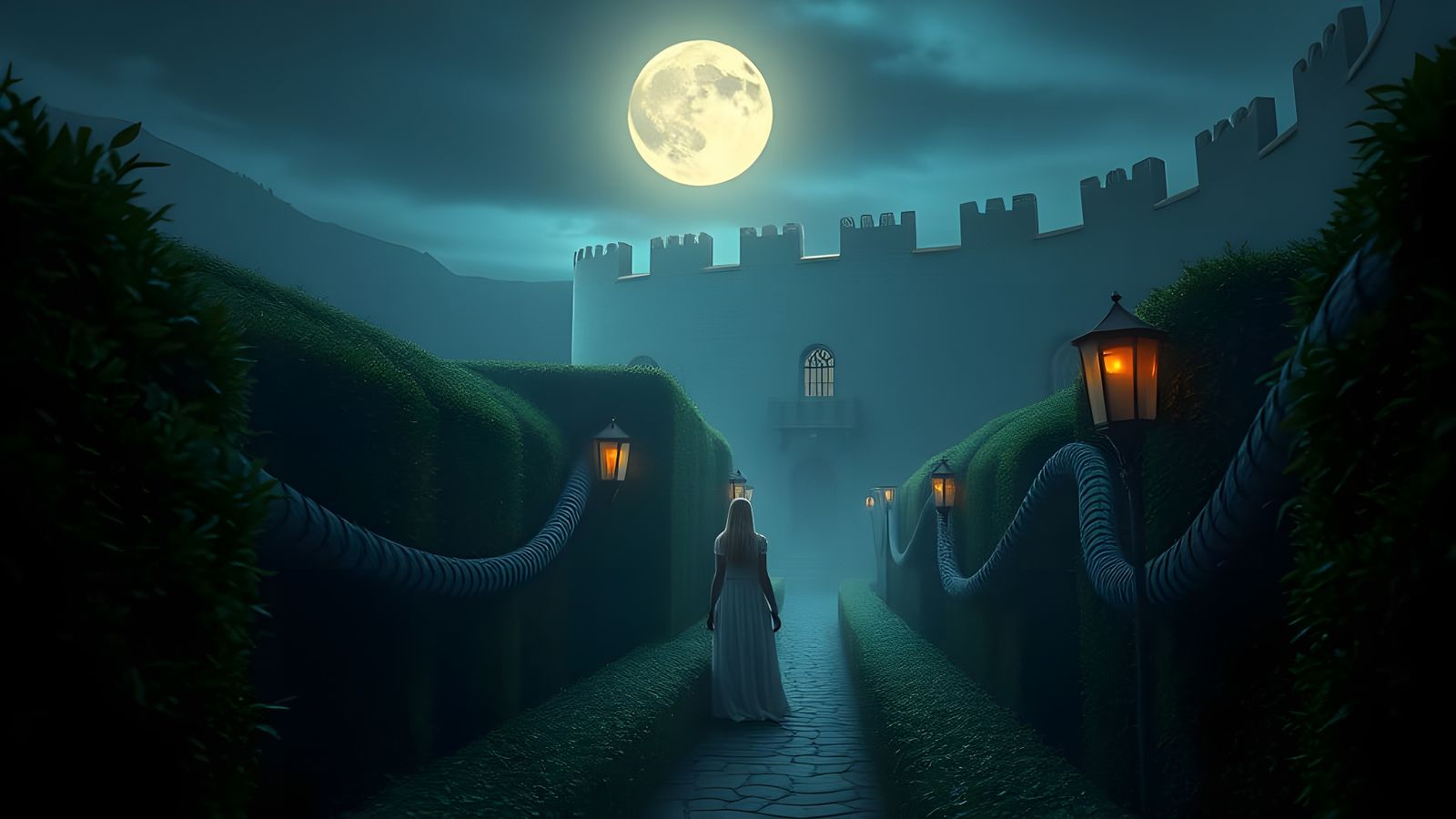 Ethereal Medieval Labyrinth at Dusk in a Cinematic Style