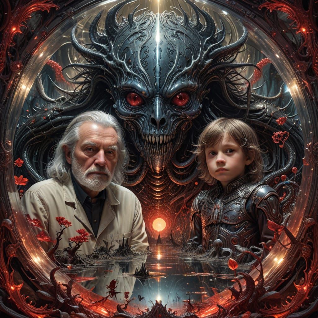 Father and Son in Mirror Labyrinth Reflection