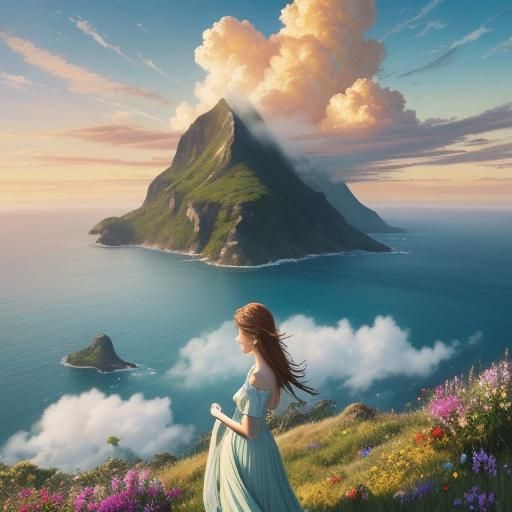 Woman Gazing at Sunny Sky, Digital Matte Painting