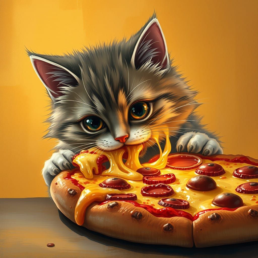 Whimsical Cat Steals a Slice of Pizza in a Warm, Golden-Brow...