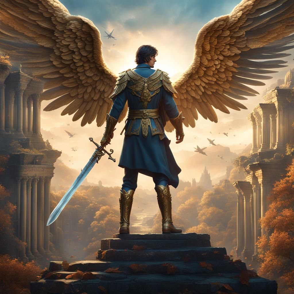 Winged Angel with Sword: Detailed Matte Painting
