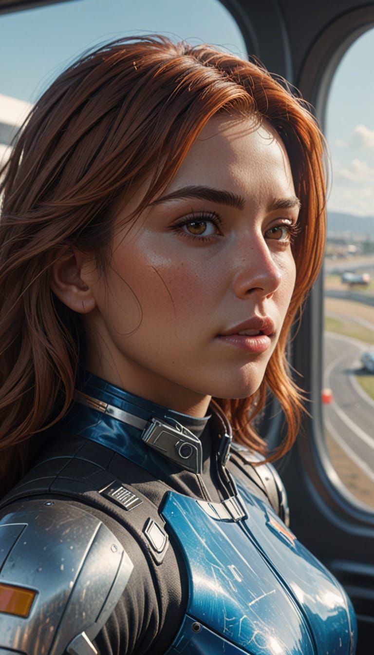 Futuristic Girl Watches Race Ships from Window