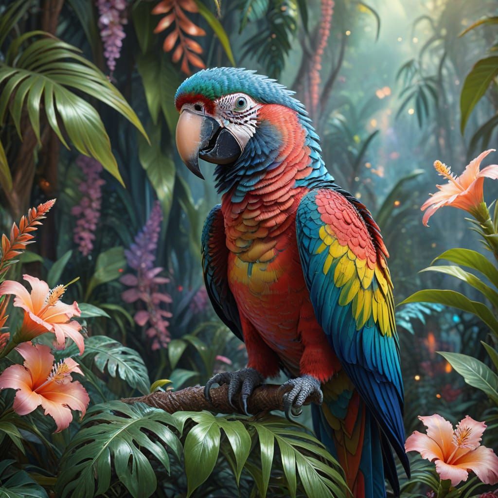 Vibrant Parrot Portrait with Exotic Foliage