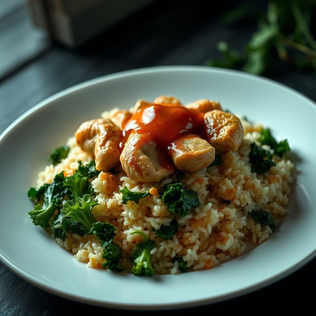 Gourmet Chicken and Kale Dish in Cinematic Lighting
