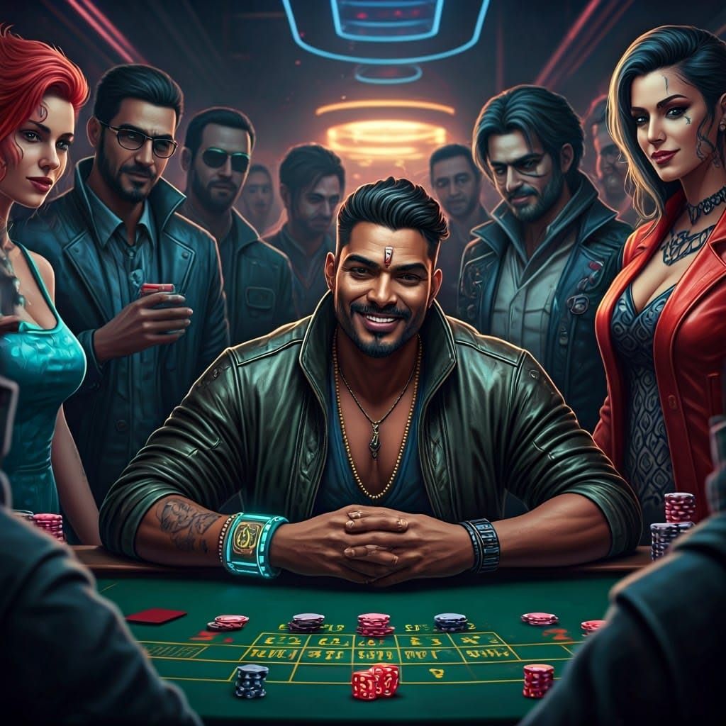 Cyberpunk Rogue Gambles in Neon-Lit Casino